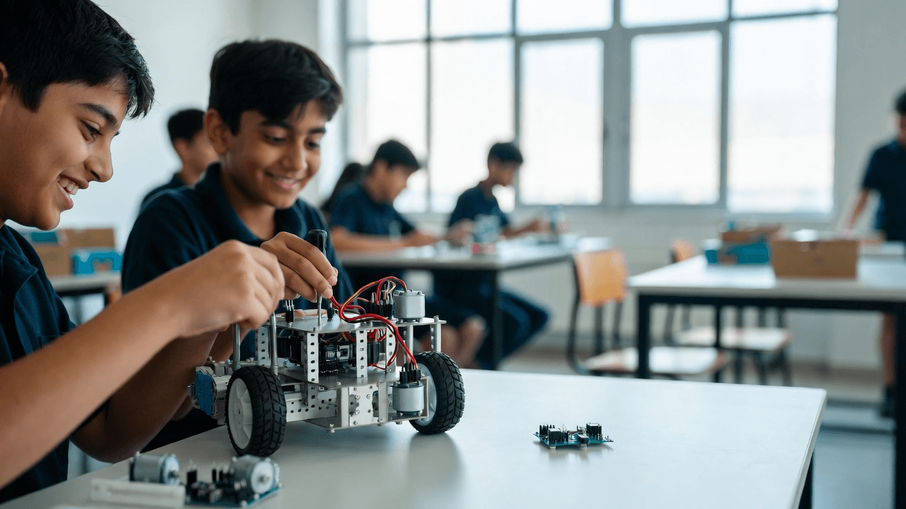 Kids building a crawling robot in a workshop